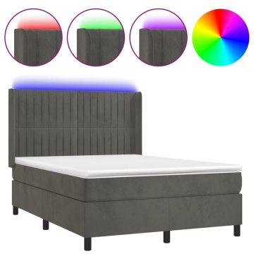 Vidaxl Box spring postelja z vzmetnico LED temno siva 140x200 cm žamet