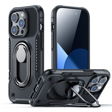 Joyroom Etui za iPhone 14 Pro oklepni ovitek s stojalom in obročnim držalom, črn