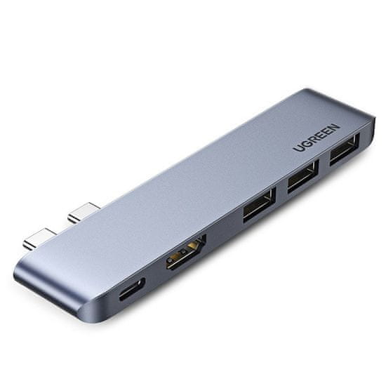 Ugreen Večnamenski razdelilnik 2x USB Type C na USB Type C PD (Thunderbolt 3, 100 W, 4K@60 Hz, 10 Gbps) / HDMI 4K@30 Hz / 3x USB 3.0 za MacBook Pro / Air sive barve (60559)