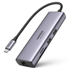 Ugreen 7v1 večfunkcijski USB-C HUB - 2x USB HDMI 4K čitalnik SD in TF kartic USB-C RJ45 1Gbps siv