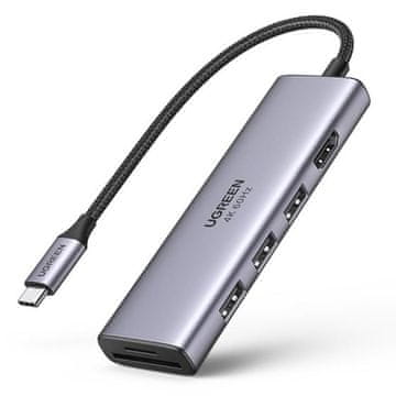 Ugreen Večnamenski HUB 6v1 USB-C - 3x USB HDMI 4K Bralnik kartic SD in TF sive barve