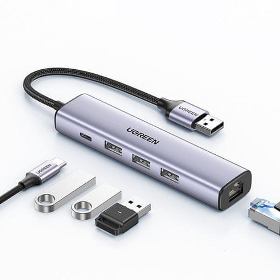 Ugreen Večnamenski adapter HUB USB 3.0 - 3 x USB / Ethernet RJ-45 / USB Type C PD siv (CM475) - odprodaja