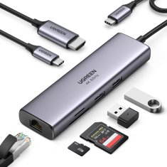 Ugreen 7v1 večfunkcijski USB-C HUB - 2x USB HDMI 4K čitalnik SD in TF kartic USB-C RJ45 1Gbps siv