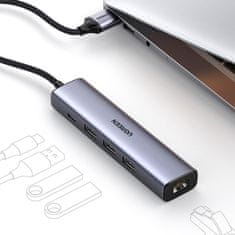 Ugreen Večnamenski adapter HUB USB 3.0 - 3 x USB / Ethernet RJ-45 / USB Type C PD siv (CM475)