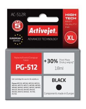 ActiveJet Nadomestna brizga Activejet AC-512R, pigmentna, črna, 18 ml (za Canon PG-512)