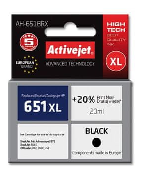 ActiveJet Activejet Cev za črnilo, nadomestna za HP 651 C2P10AE, 20 ml, črna