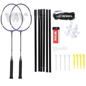 WISH 4466 Komplet loparjev za badminton vijolične barve 2 kosa + puščice 3 kosi + mreža + črte želja