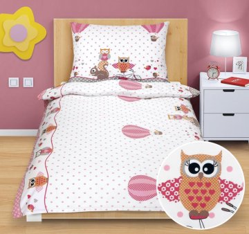 Bombažno posteljno perilo Junior - 140x200, 70x90 cm - Sova