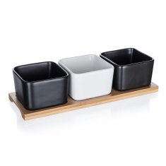 Banquet Skleda komplet 4 kosov (3x skleda, 1 pladenj) 28,2x9,8x7cm BRILLANTE porc.WHITE,BLACK/bambus