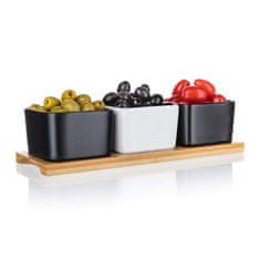 Banquet Skleda komplet 4 kosov (3x skleda, 1 pladenj) 28,2x9,8x7cm BRILLANTE porc.WHITE,BLACK/bambus