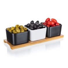 Banquet Skleda komplet 4 kosov (3x skleda, 1 pladenj) 28,2x9,8x7cm BRILLANTE porc.WHITE,BLACK/bambus