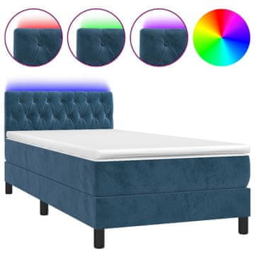 Vidaxl Box spring postelja z vzmetnico LED temno modra 90x200 cm žamet