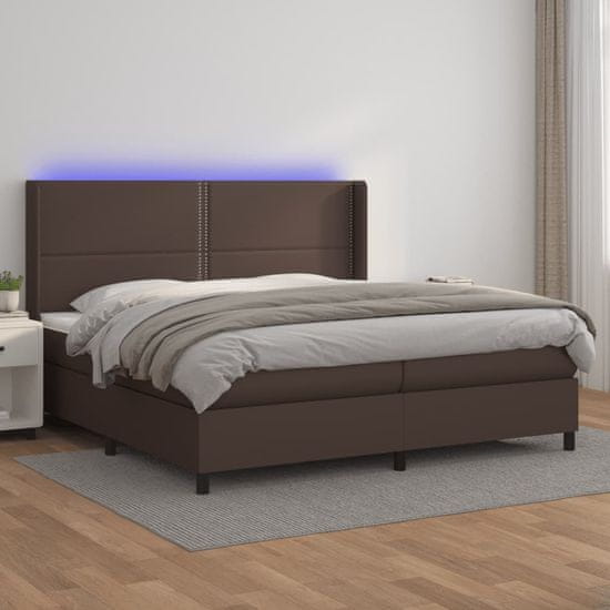 Greatstore Box spring postelja vzmetnico LED rjava 200x200 cm umetno usnje