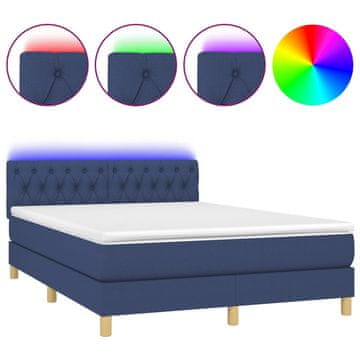 Vidaxl Box spring postelja z vzmetnico LED modra 140x190 cm blago