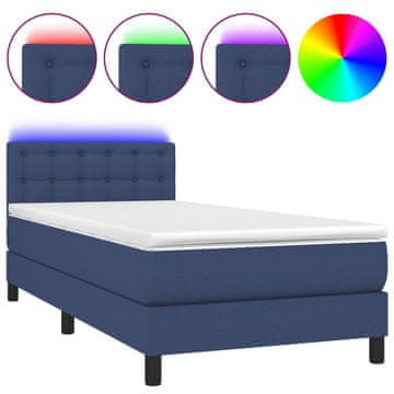 Vidaxl Box spring postelja z vzmetnico LED modra 90x200 cm blago