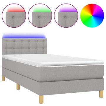 Vidaxl Box spring postelja z vzmetnico LED sv. siva 100x200 cm blago