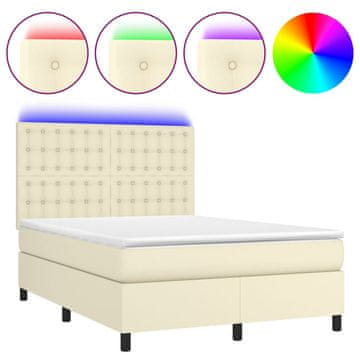 Vidaxl Box spring postelja z vzmetnico LED krem 140x190cm umetno usnje
