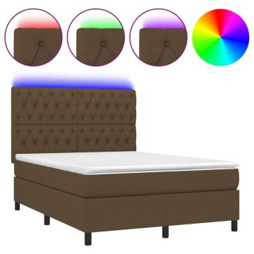 Vidaxl Box spring postelja z vzmetnico LED temno rjava 140x200cm blago