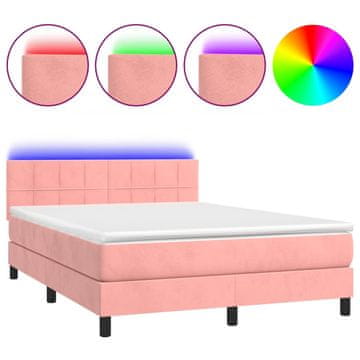 Vidaxl Box spring postelja z vzmetnico LED roza 140x190 cm žamet