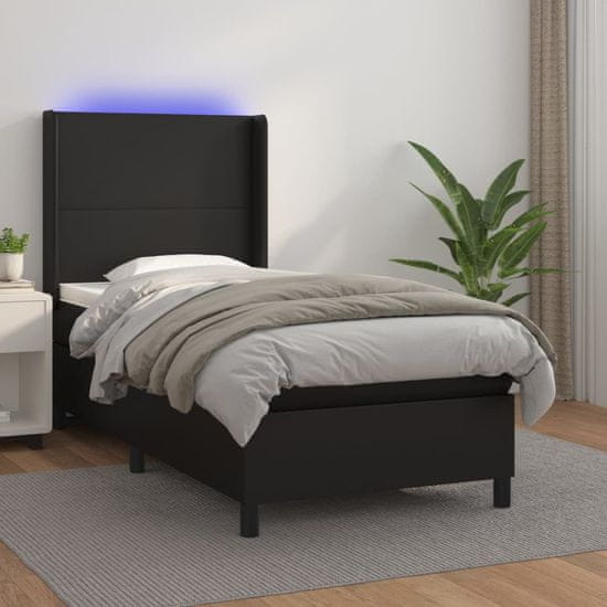 Greatstore Box spring postelja z vzmetnico LED črn 100x200 cm umetno usnje