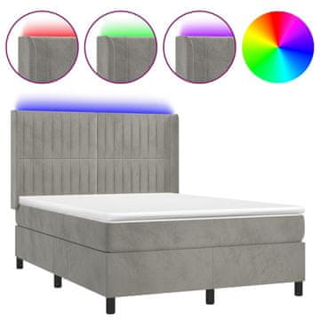 Vidaxl Box spring postelja z vzmetnico LED sv. siva 140x190 cm žamet