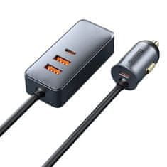 BASEUS CCBT-A0G Hitri avtomobilski polnilnik s podaljševalnim kablom 120W 3x USB +1xUSB-C Siva