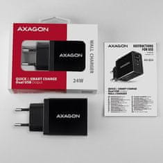 AXAGON ACU-QS24, hiter in pameten omrežni polnilnik, 2x vrata USB QC3.0/AFC/FCP + 5V-1,2A, 24W