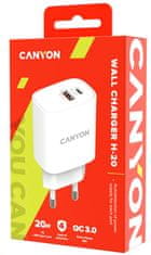 Canyon omrežni polnilnik H-20-04, 1x USB-C PD 20W, 1x USB-A QC 3.0 18W, bel