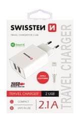 SWISSTEN NETWORK ADAPTER SMART IC, CE 2x USB 2,1 A POWER BELI + PODATKOVNI KABEL USB / LIGHTNING 1,2 M BELI