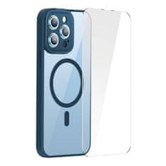 BASEUS Zaščitni set prozornega magnetnega ohišja in kaljenega stekla Baseus Frame za iPhone 14 Pro (modra)