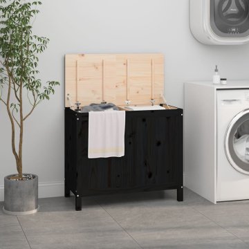 Vidaxl Zaboj za perilo črn 88,5x44x76 cm trdna borovina