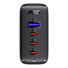AceFast Hitri omrežni polnilnik GaN 3x USB-C 1x USB-A + kotni kabel USB-C 100 W 2 m črn