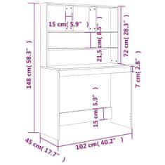 Vidaxl Pisalna miza s policami betonsko siva 102x45x148 cm inž. les