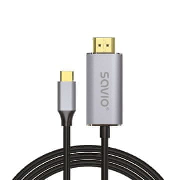 SAVIO USB-C do HDMI 2.0B kabel, 2m, srebrna / črna, zlati priključki, SAVIO CL-171, visoka ločljivost 4096 x 2160 px