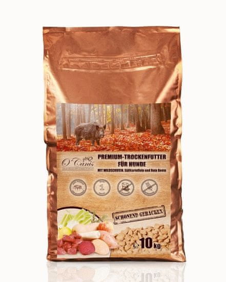 slomart O'CANIS suha pražena hrana za pse z okusom divjega prašiča, sladkega krompirja in rdeče pese - 10 kg