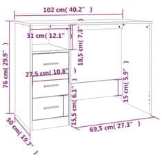 Vidaxl Pisalna miza s predali visok sijaj bela 102x50x76 cm inž. les