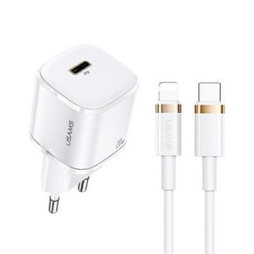 shumee 20W USAMS Power Delivery USB-C stenski polnilnik bele barve + USB-C kabel Lightning
