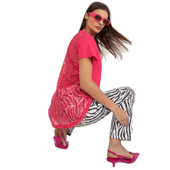 FANCY Ženska bluza s čipko in kratkimi rokavi, asimetrična ABBIE roza FA-BZ-7724.92P_386356