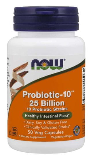 NOW Foods Probiotic-10, probiotiki, 25 milijard CFU, 10 sevov, 50 zeliščnih kapsul