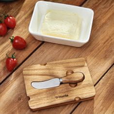 Homla MOOKA porcelanska posoda za maslo z nožem in akacijevim pokrovom bela 11x16 cm