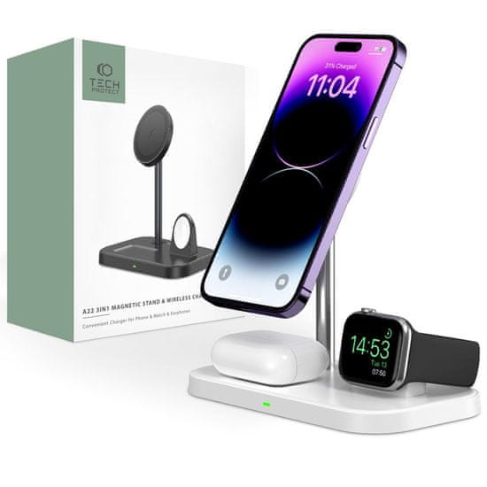 Tech-protect A22 3in1 brezžični polnilnik za mobitel / AirPods / Apple Watch, bela