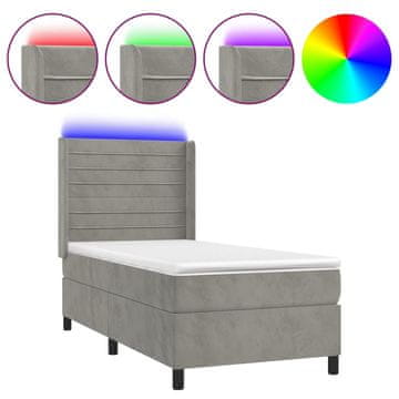 Vidaxl Box spring postelja z vzmetnico LED svetlo siva 90x190cm žamet
