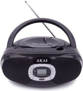 Bluetooth CD predvajalnik AKAI BM004A AUX in USB vhod in izhod za slušalke FM in AM tuner CD plošče vgrajeni zvočniki možnost delovanja na baterije