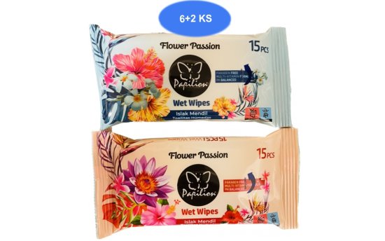 Papilion žepni vlažni robčki flower passion 15 kos (6+2 gratis)