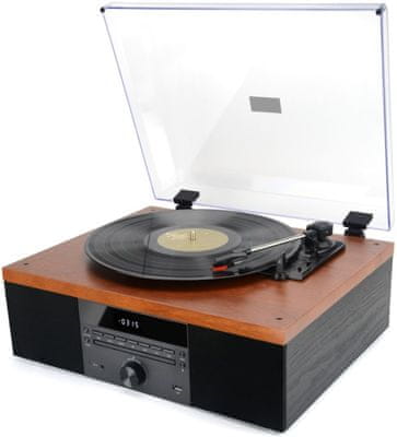 sodoben bluetooth gramofon akai att-14bt 3 hitrosti predvajanje plošč 33 45 78 rpm rca izhodi zaščita pred prahom usb aux in vhod po meri zvočniki 5 W ravna roka fm tuner cd pogon