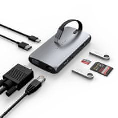 Satechi On the go priklopna postaja, USB-C PD, RJ 45, 4K HDMI, VGA, USB-A, USB-C, micro/SD, siva