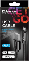 Defender Kabel USB09-03T PRO USB2.0 Črni, USB AM-Type-C, 1m, 2.1A