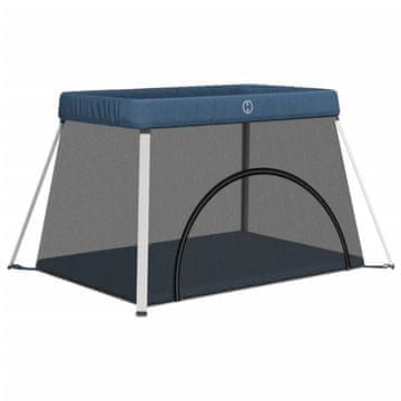 Vidaxl Otroška stajica z vzmetnico mornarsko modra lanena tkanina