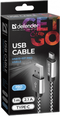 Defender Kabel USB09-03T PRO USB2.0 Sivi, USB AM-Type-C, 1m, 2.1A
