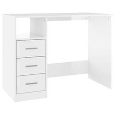 Vidaxl Pisalna miza s predali visok sijaj bela 102x50x76 cm inž. les